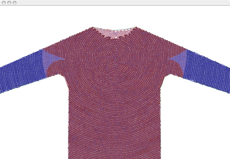 A crochet sweater generated with this application. The crochet pattern radiates out from the center of the chest, seamlessly down the arms and around to the back.