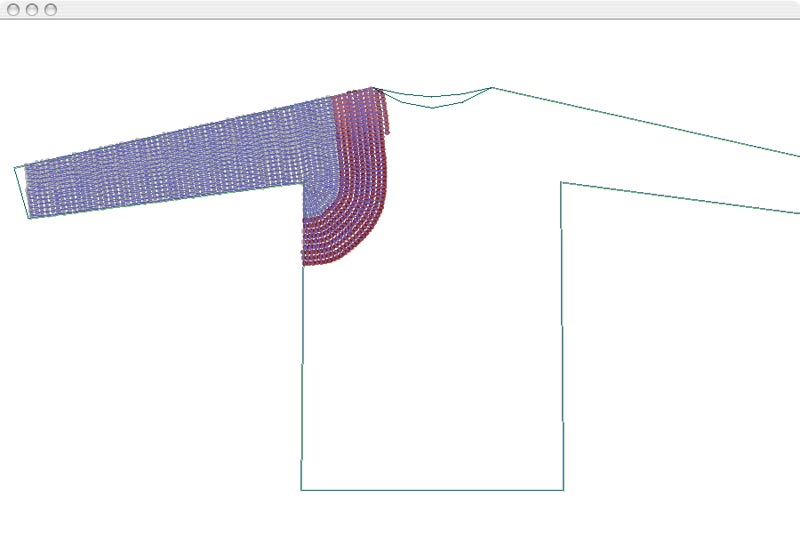 A crochet sweater generated with this application. The crochet pattern radiates out from the center of the chest, seamlessly down the arms and around to the back.