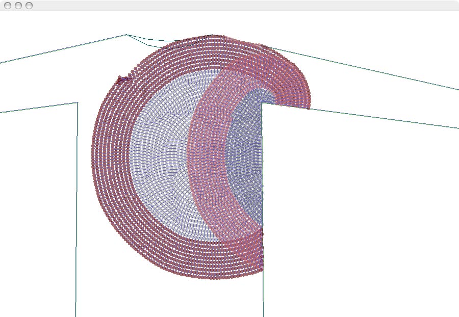 A crochet sweater generated with this application. The crochet pattern radiates out from the center of the chest, seamlessly down the arms and around to the back.