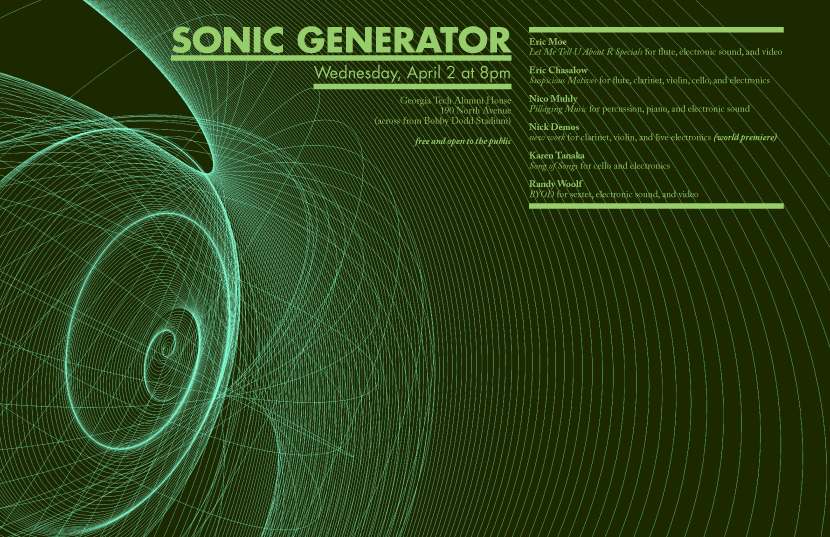 Sonic Generator poster for the third concert in the series, Wednesday April 2, 2007. The concert program includes,  Let Me Tell U About R Specials, by Eric Moe, for flute, electronic sound, and video, Suspicious Motives, by Eric Chasalow, for flute clarinet, violin, cello, and electronics, Pillaging, by Nico Muhly, for percussion, piano, and electronic sound, a new work by Nick Demos, for clarinet, violin, and live electronics, Song of Songs, by Karen Tanako, for cello and electronics, BYOD, by Randy Woolf, for sextet, electronic sound, and video.