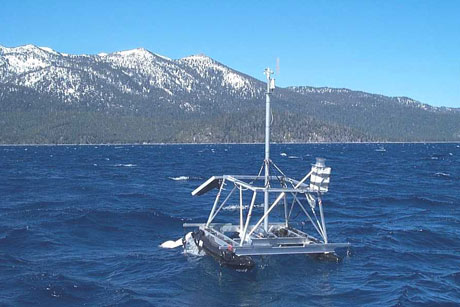 A weather station floating in Lake Tahoe